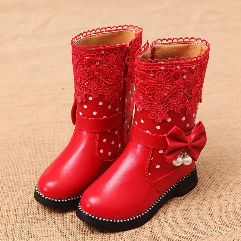 2020 New Winter Children's High Cotton-Padded Shoes Bow Pendant Lace Velvet Girls' Cotton Shoes Snow Boots