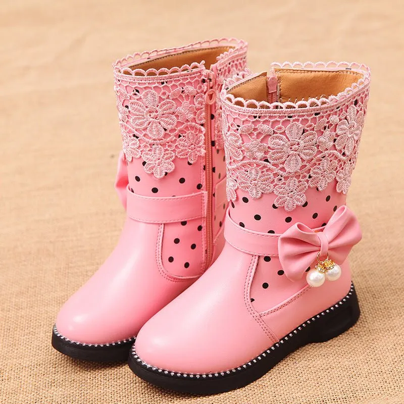 2020 New Winter Children's High Cotton-Padded Shoes Bow Pendant Lace Velvet Girls' Cotton Shoes Snow Boots