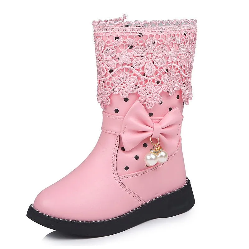 2020 New Winter Children's High Cotton-Padded Shoes Bow Pendant Lace Velvet Girls' Cotton Shoes Snow Boots