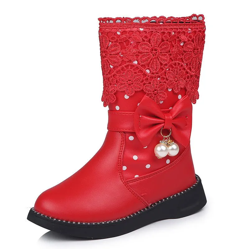 2020 New Winter Children's High Cotton-Padded Shoes Bow Pendant Lace Velvet Girls' Cotton Shoes Snow Boots