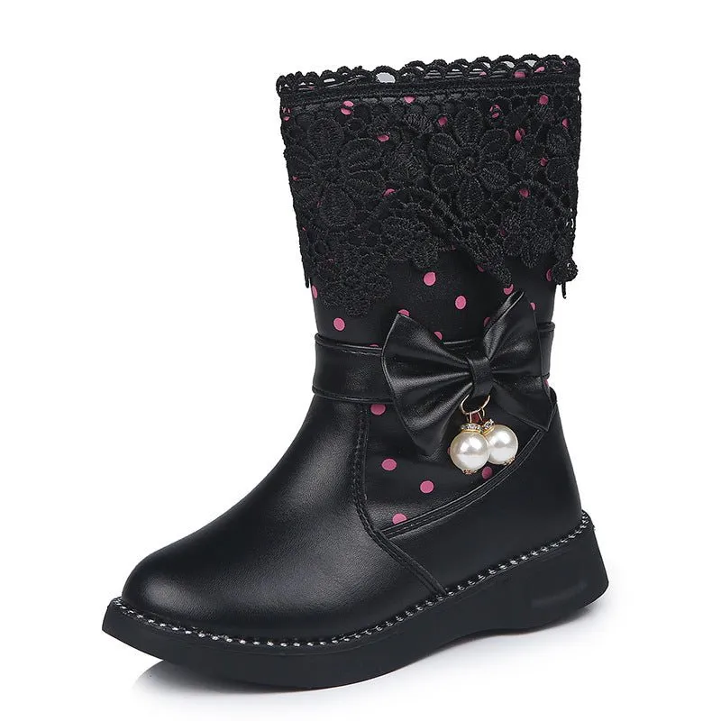 2020 New Winter Children's High Cotton-Padded Shoes Bow Pendant Lace Velvet Girls' Cotton Shoes Snow Boots