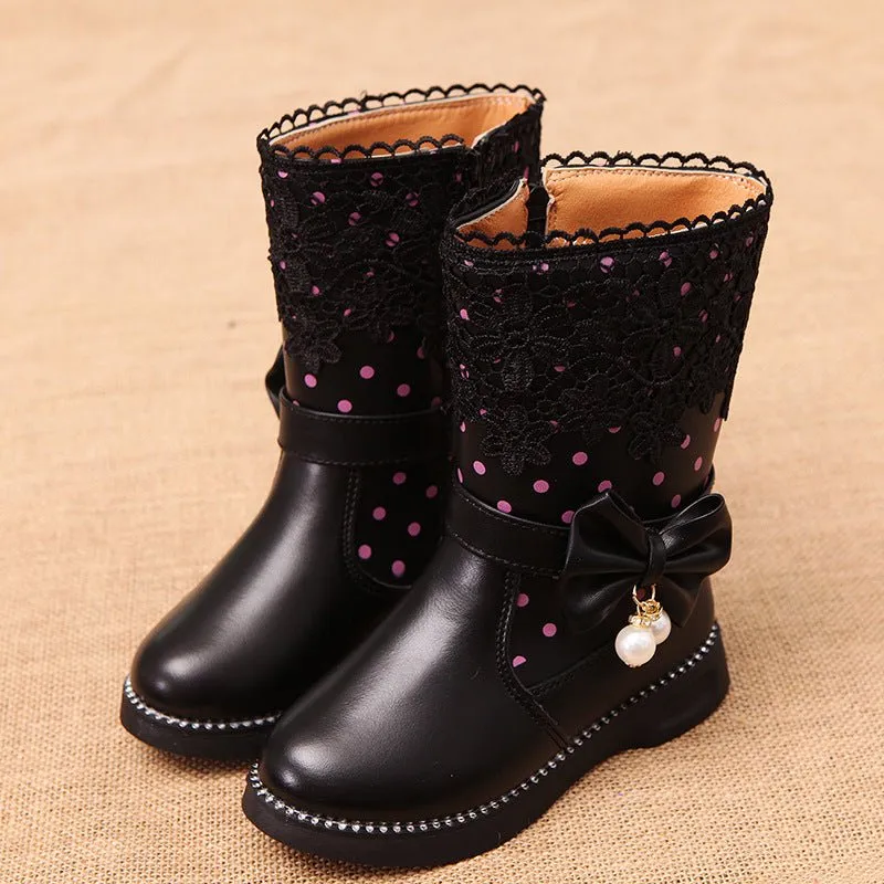 2020 New Winter Children's High Cotton-Padded Shoes Bow Pendant Lace Velvet Girls' Cotton Shoes Snow Boots
