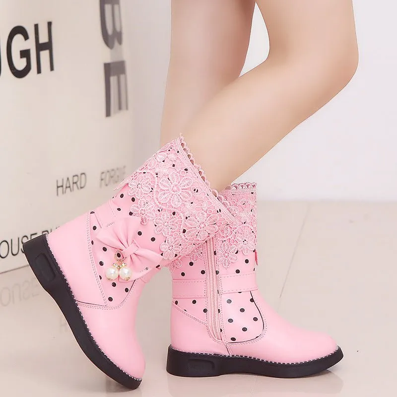 2020 New Winter Children's High Cotton-Padded Shoes Bow Pendant Lace Velvet Girls' Cotton Shoes Snow Boots