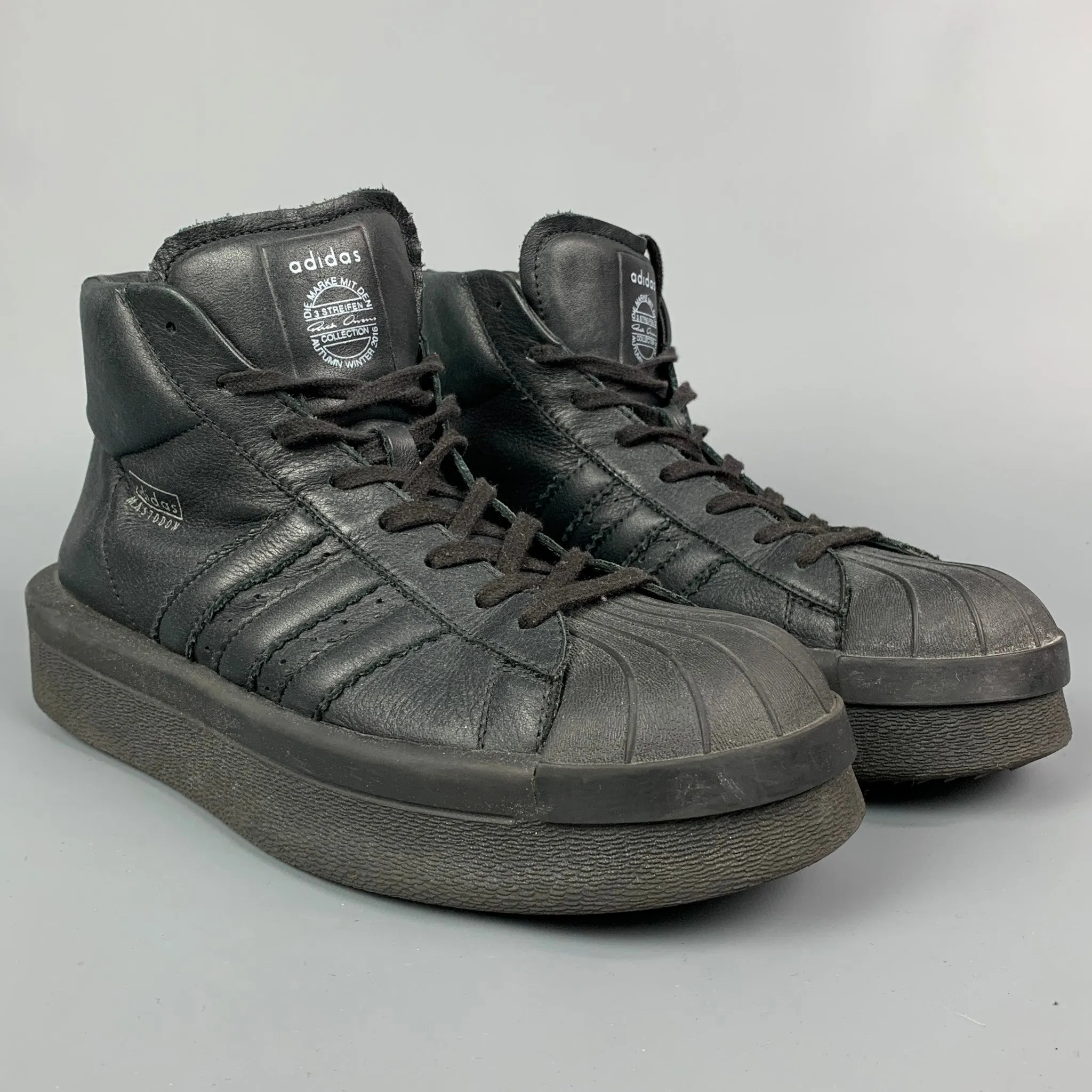 ADIDAS X RICK OWENS AW 2016 Size 10 Black Leather High Top Mastodon Sneakers