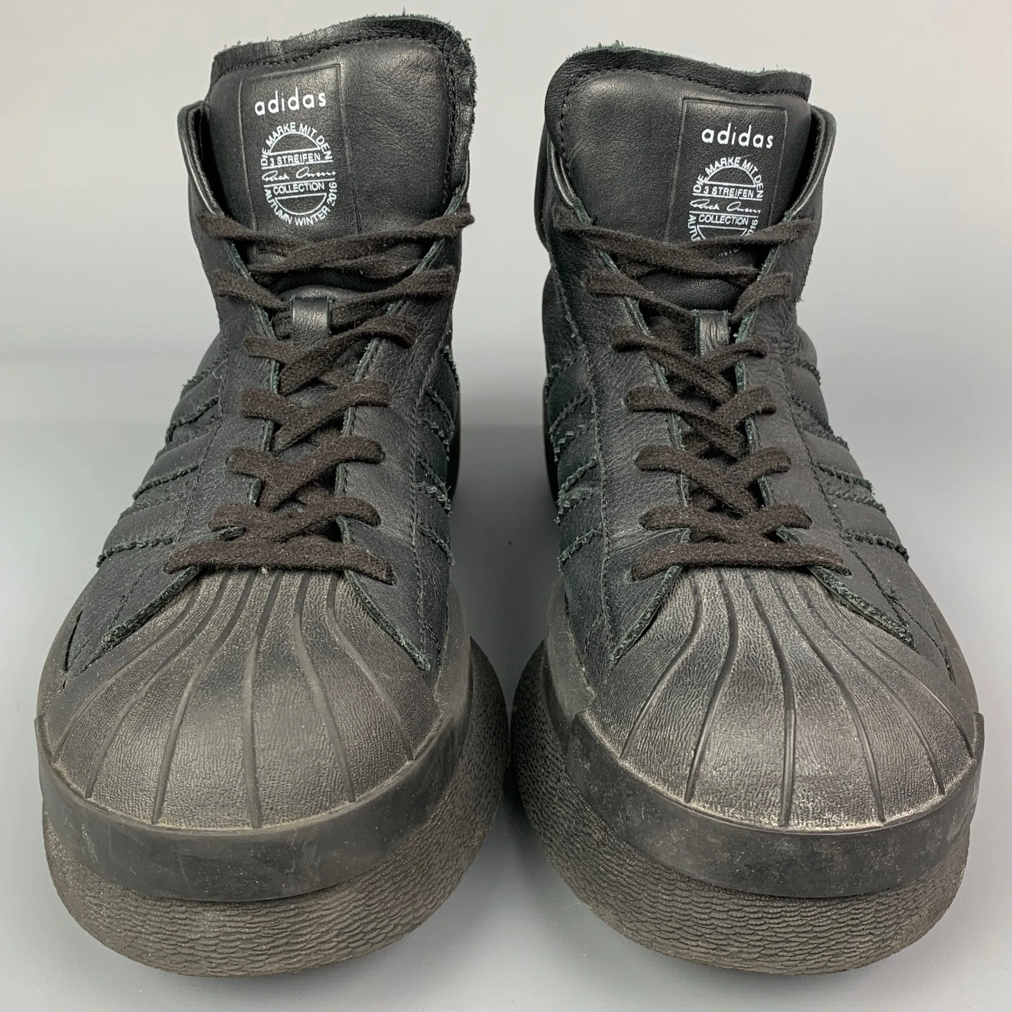 ADIDAS X RICK OWENS AW 2016 Size 10 Black Leather High Top Mastodon Sneakers