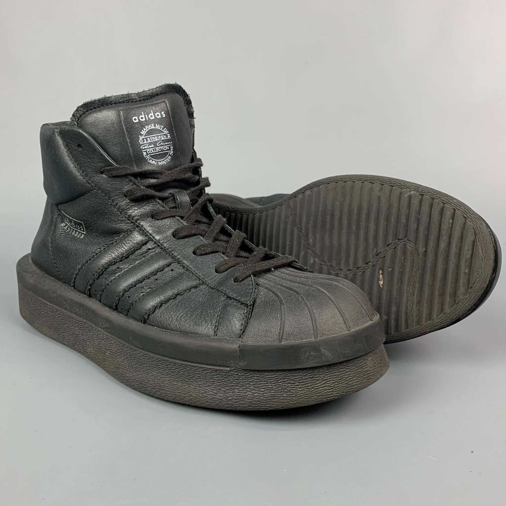 ADIDAS X RICK OWENS AW 2016 Size 10 Black Leather High Top Mastodon Sneakers