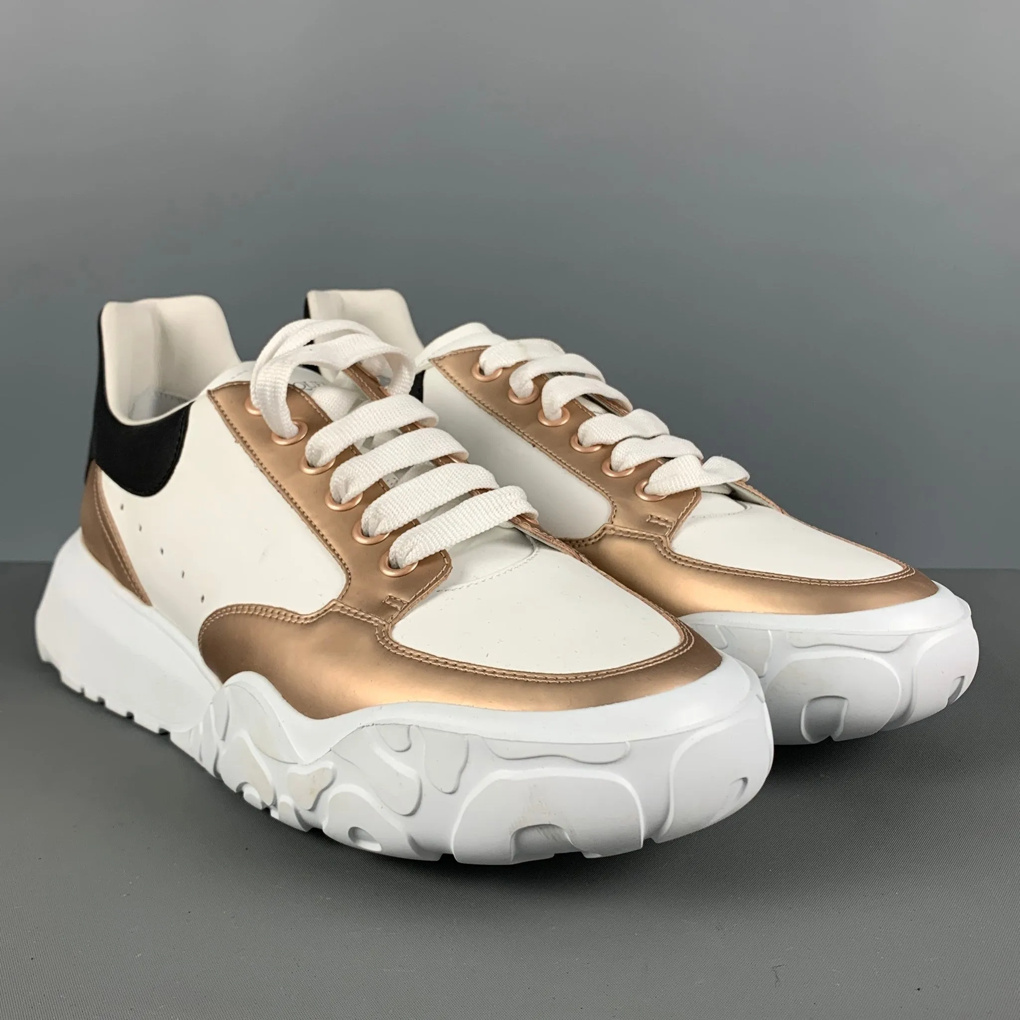 ALEXANDER MCQUEEN Size 11 White Gold Leather Platform Sneakers