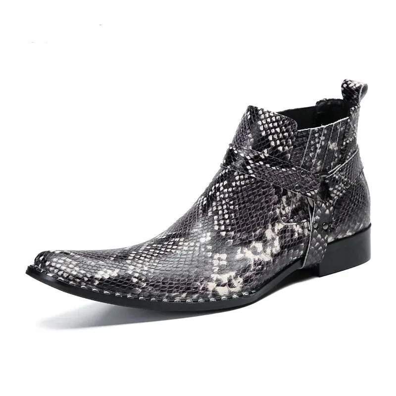 Angus' Pointed Iron Toe Snake Pattern Genuine Leather Ankle Boots
