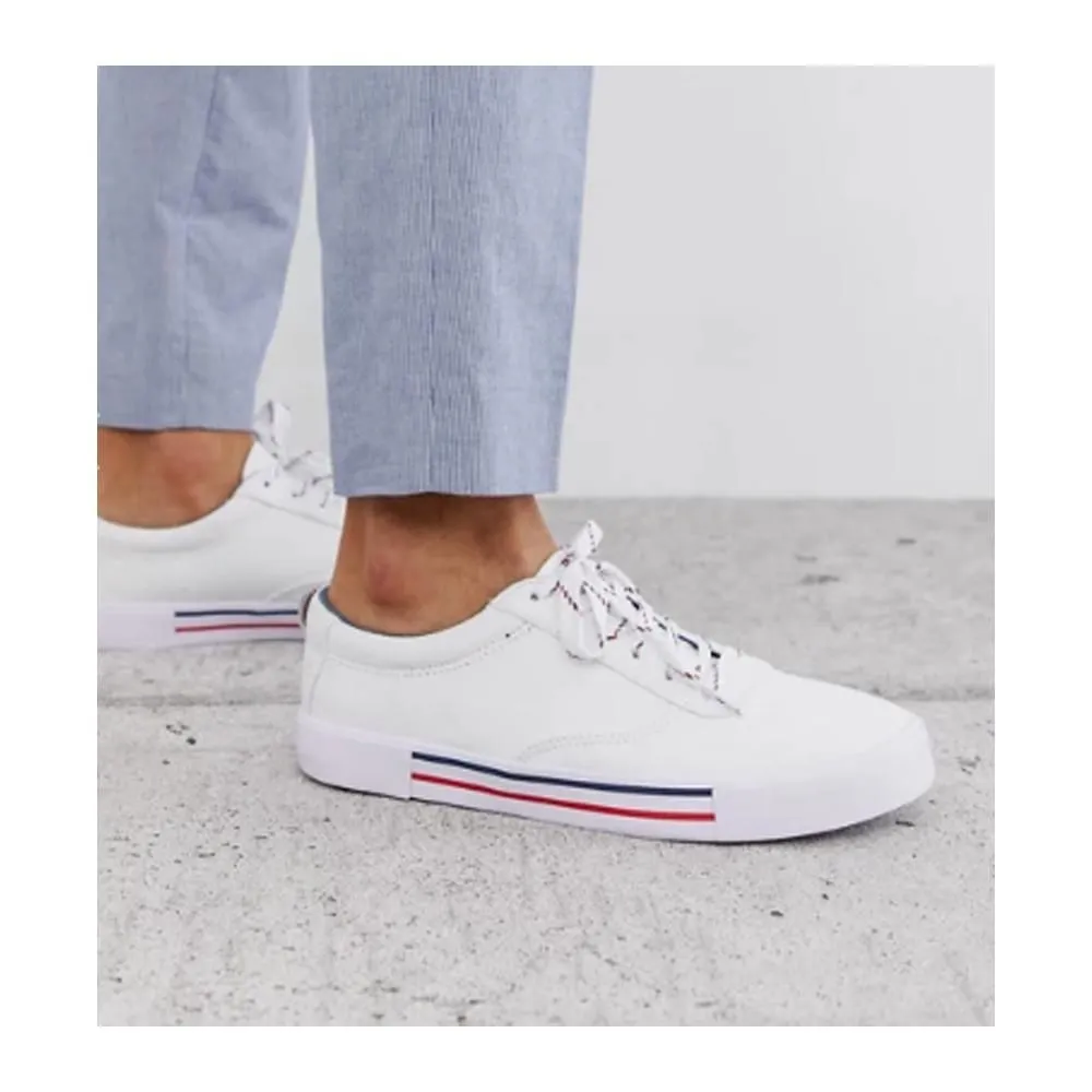 Asos- Lace Up Plimsolls In White With Navy And Red Detailing