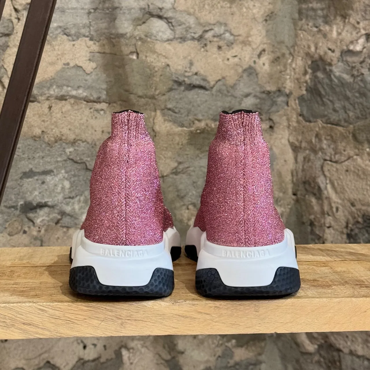 Balenciaga Pink Knit Laminated Speed Logo Sock Sneakers