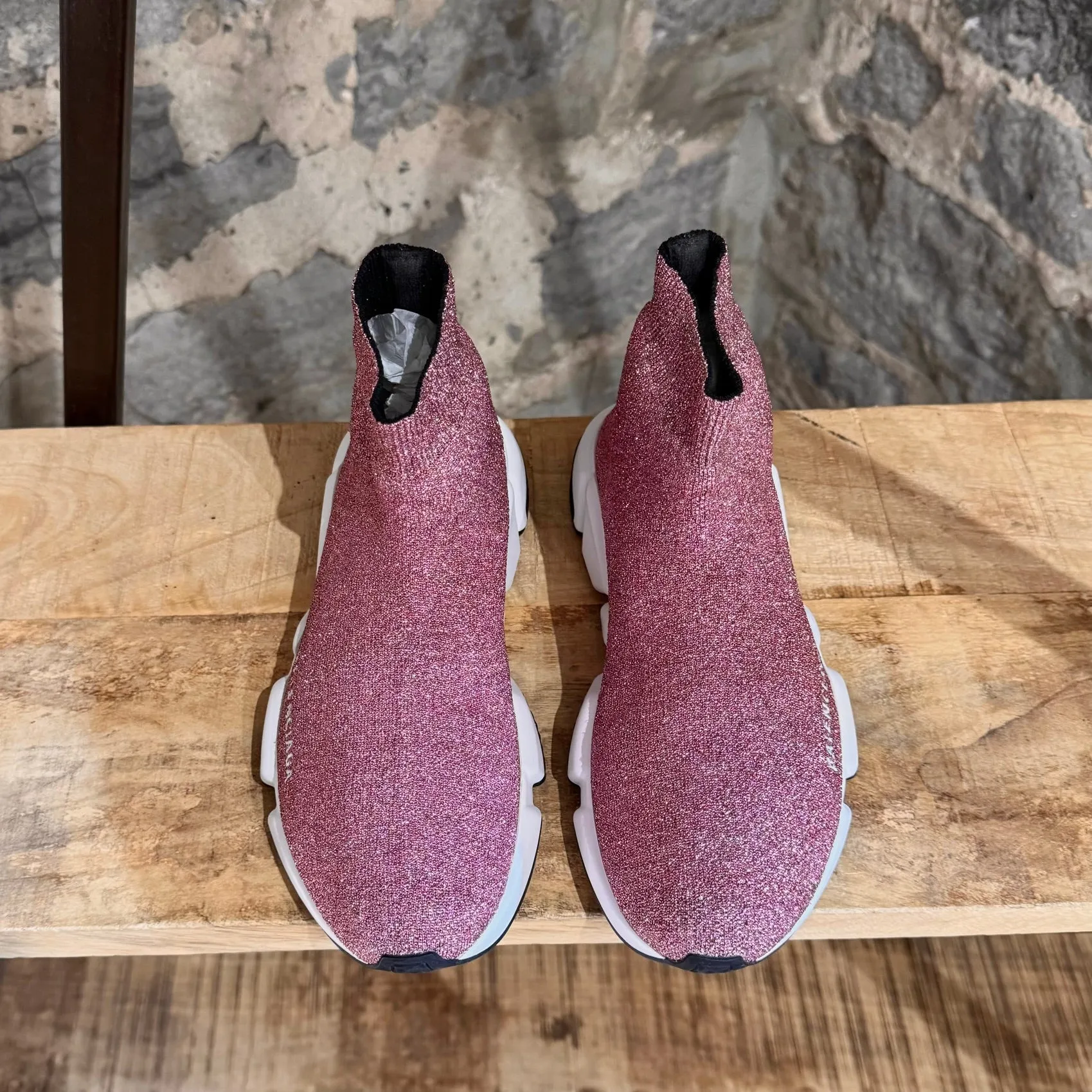 Balenciaga Pink Knit Laminated Speed Logo Sock Sneakers