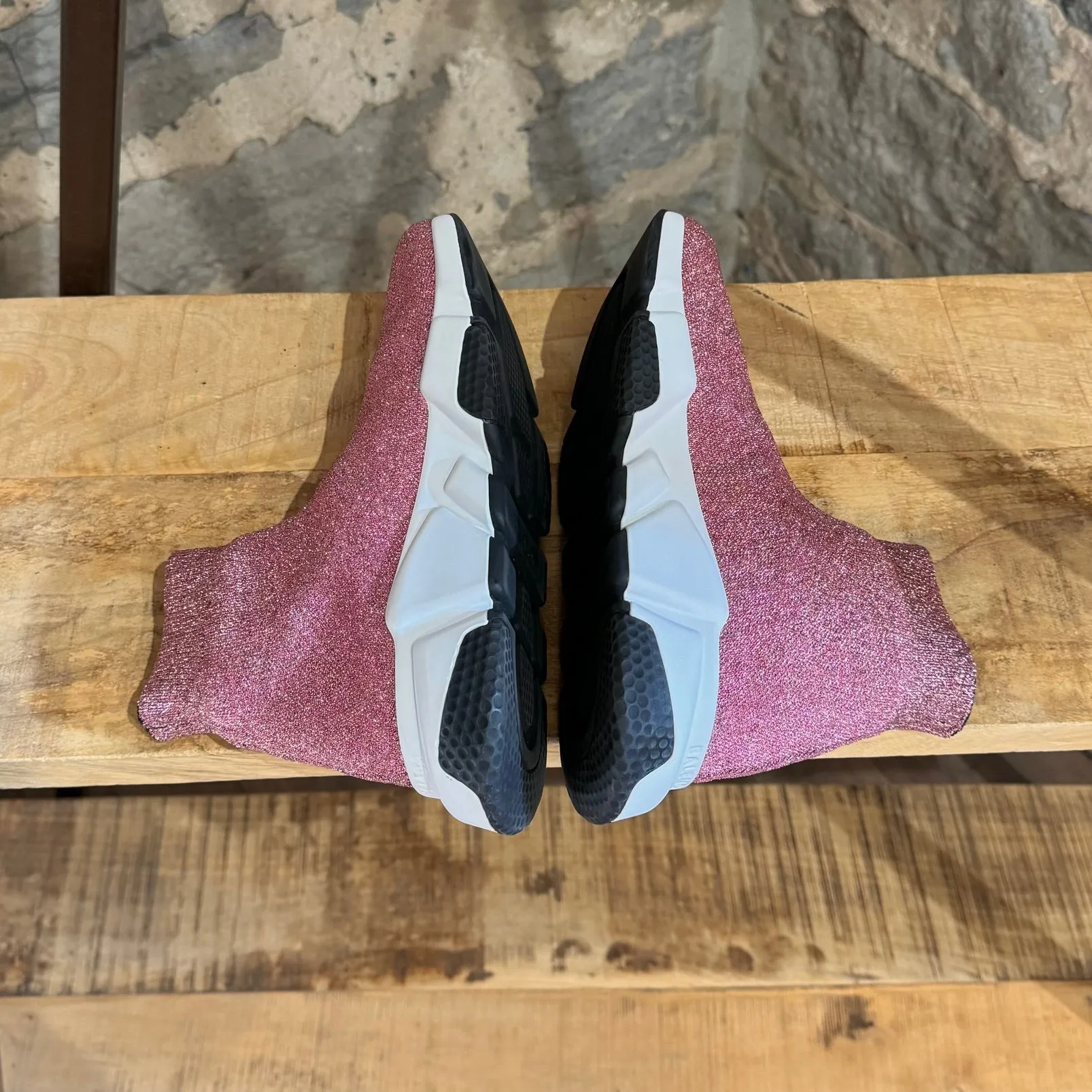 Balenciaga Pink Knit Laminated Speed Logo Sock Sneakers
