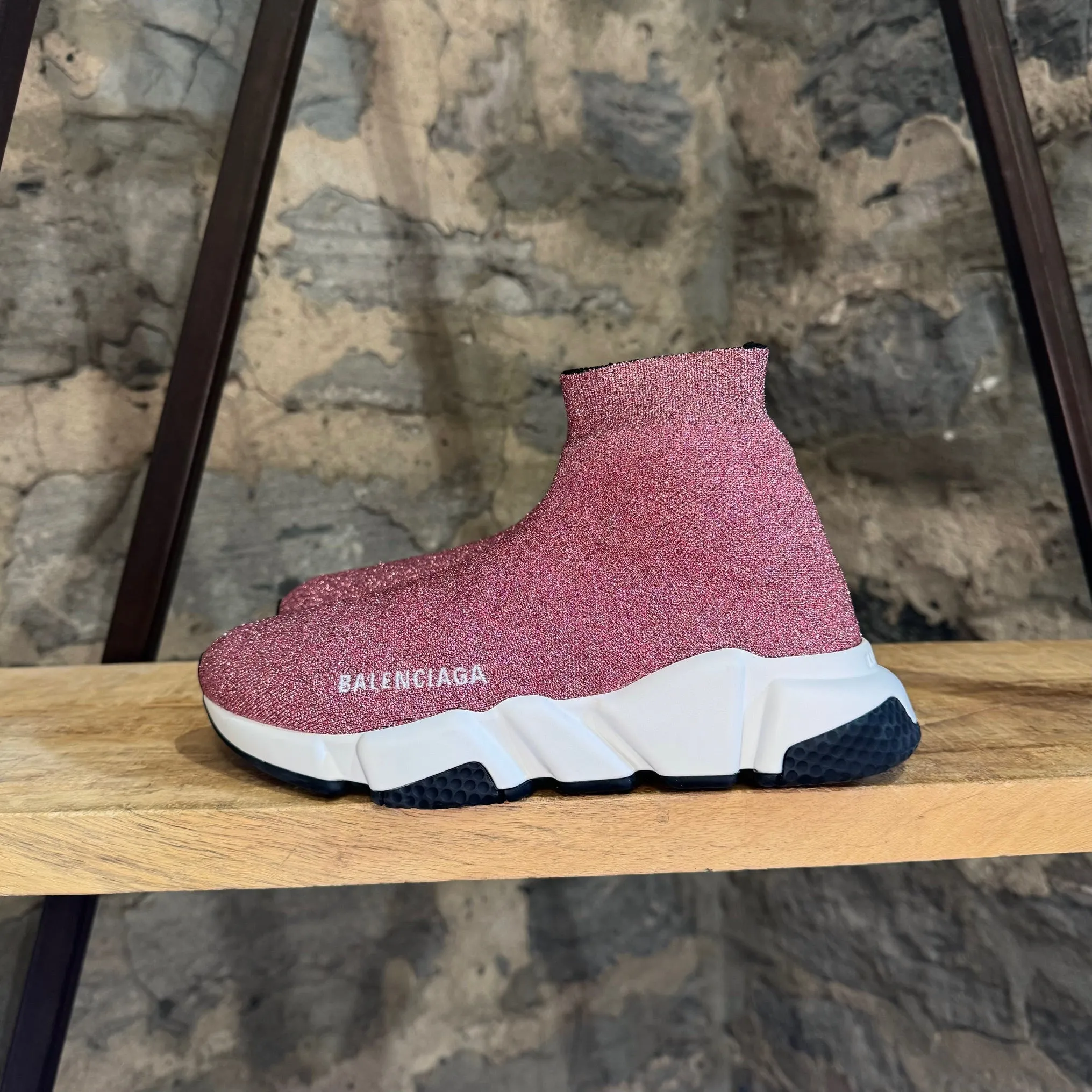 Balenciaga Pink Knit Laminated Speed Logo Sock Sneakers