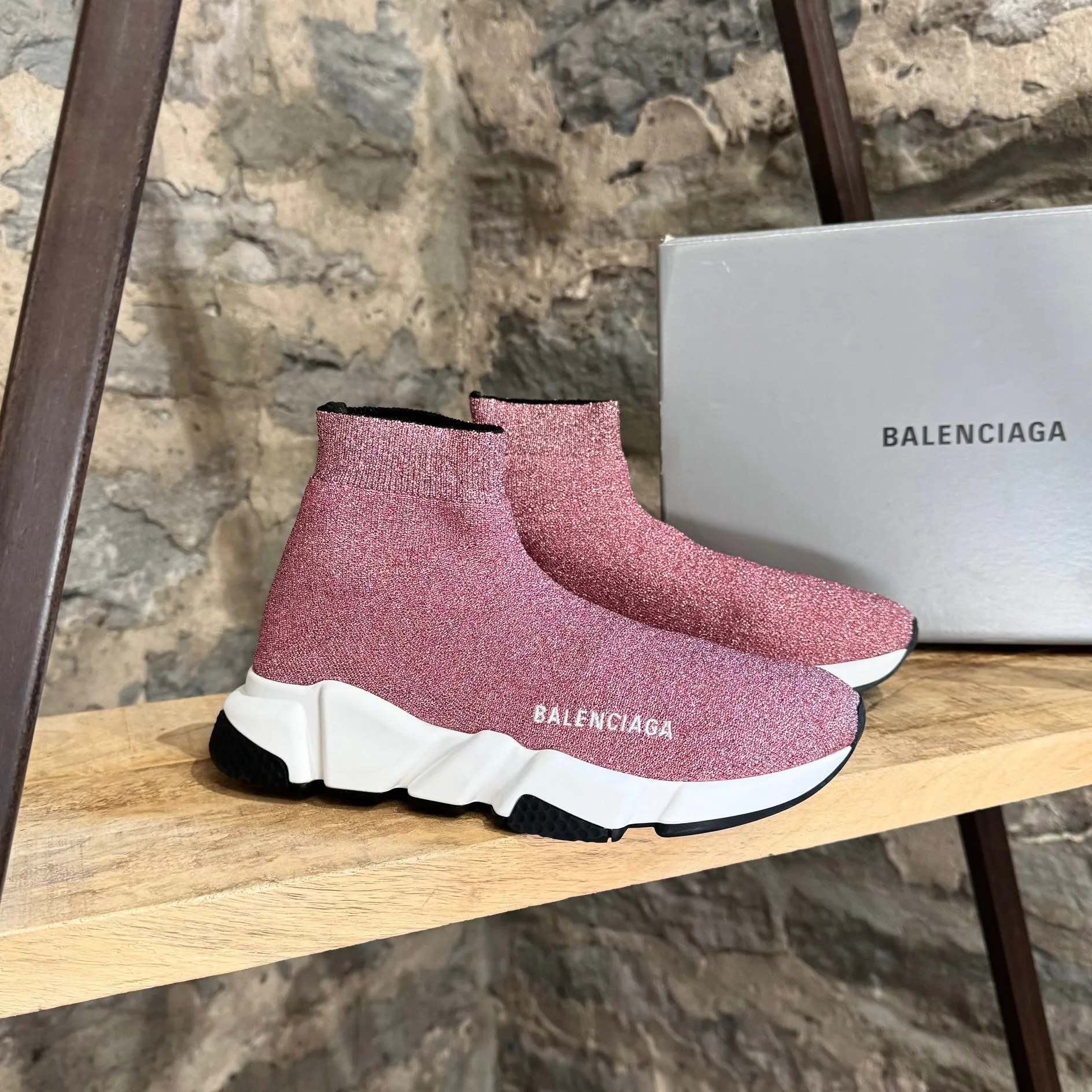 Balenciaga Pink Knit Laminated Speed Logo Sock Sneakers