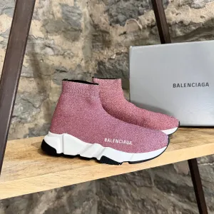 Balenciaga Pink Knit Laminated Speed Logo Sock Sneakers