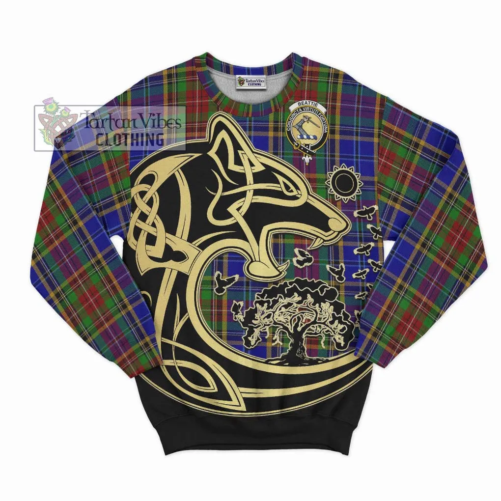 Beattie Tartan Sweatshirt with Family Crest Celtic Wolf Style