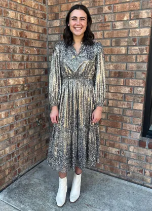 Bronze Metallic Floral Midi Dress