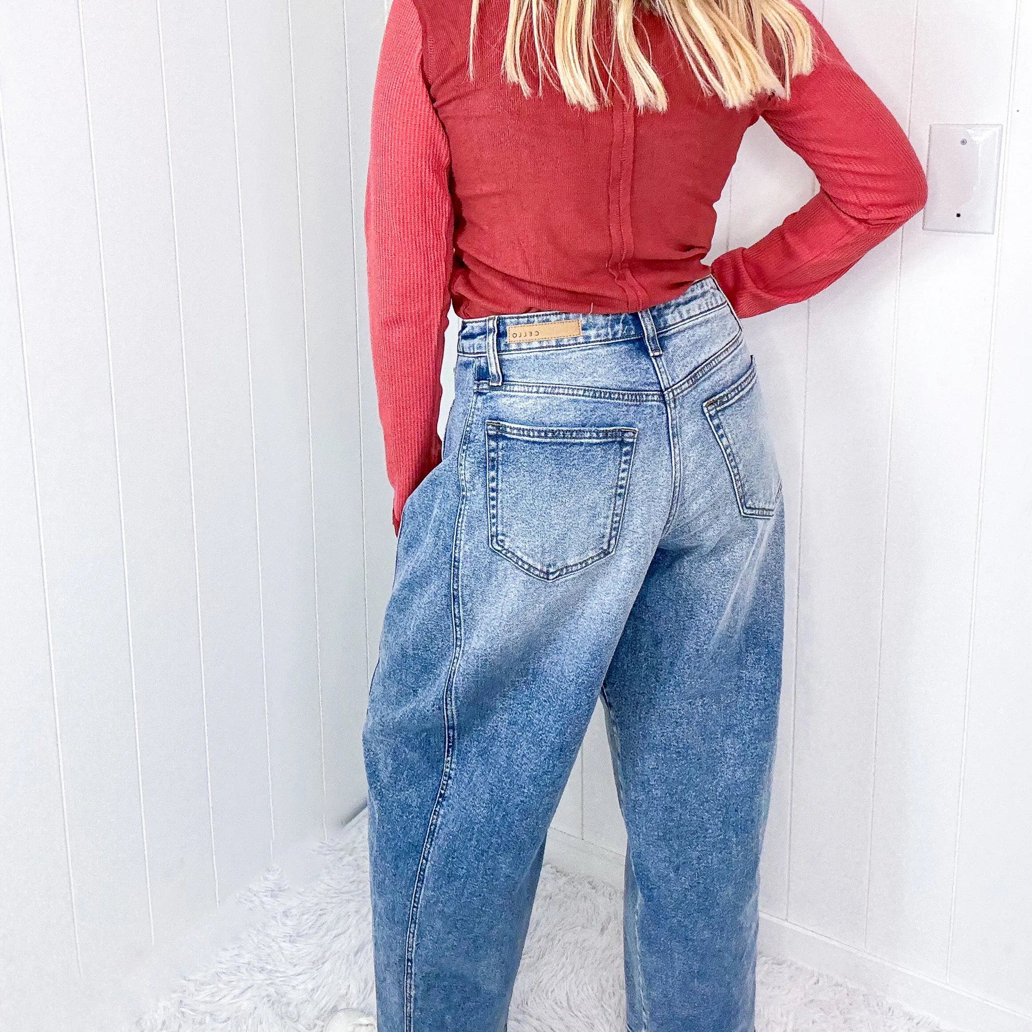 Cello Distressed Mid Rise Barrel Leg Jeans With Side Panels In a Medium Wash