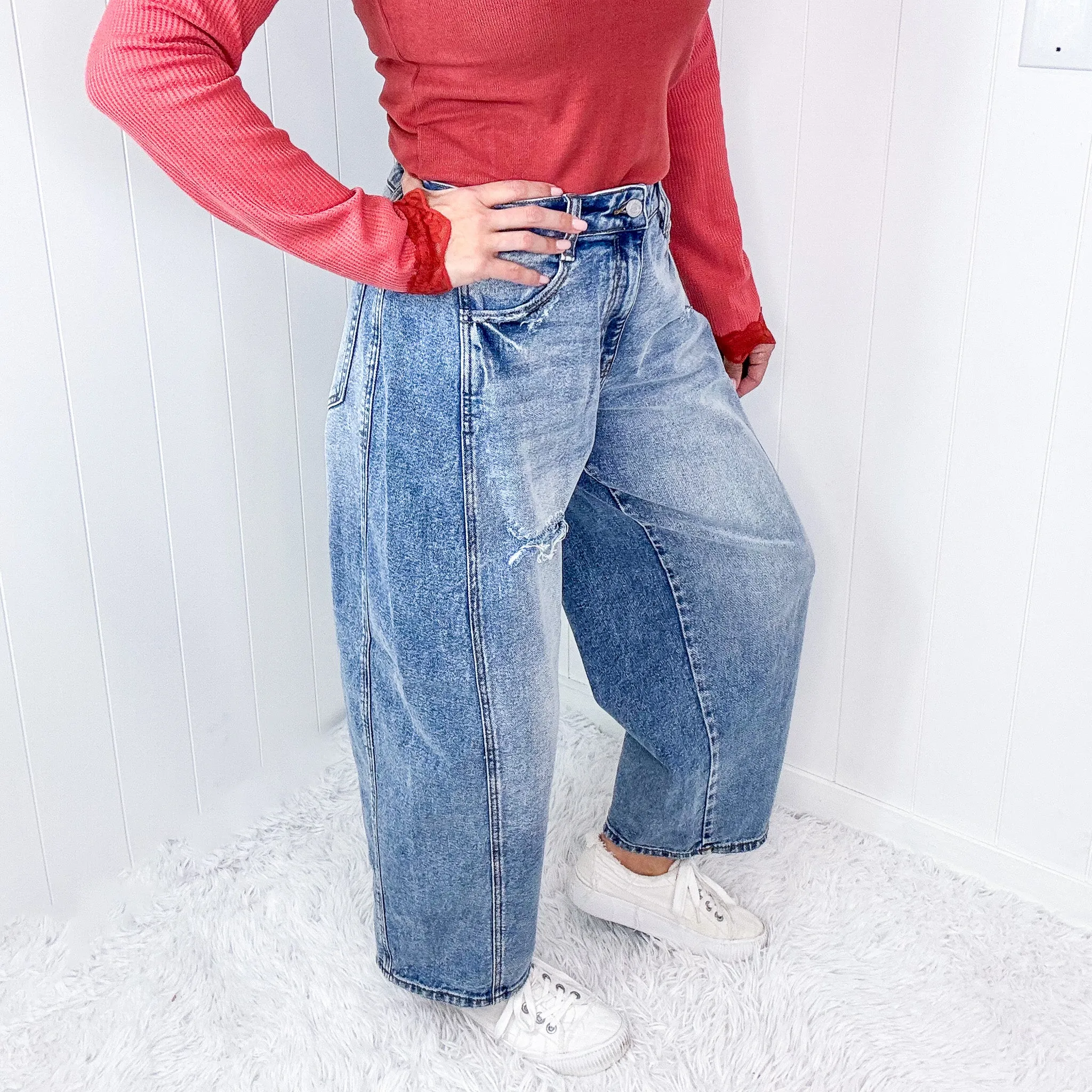 Cello Distressed Mid Rise Barrel Leg Jeans With Side Panels In a Medium Wash