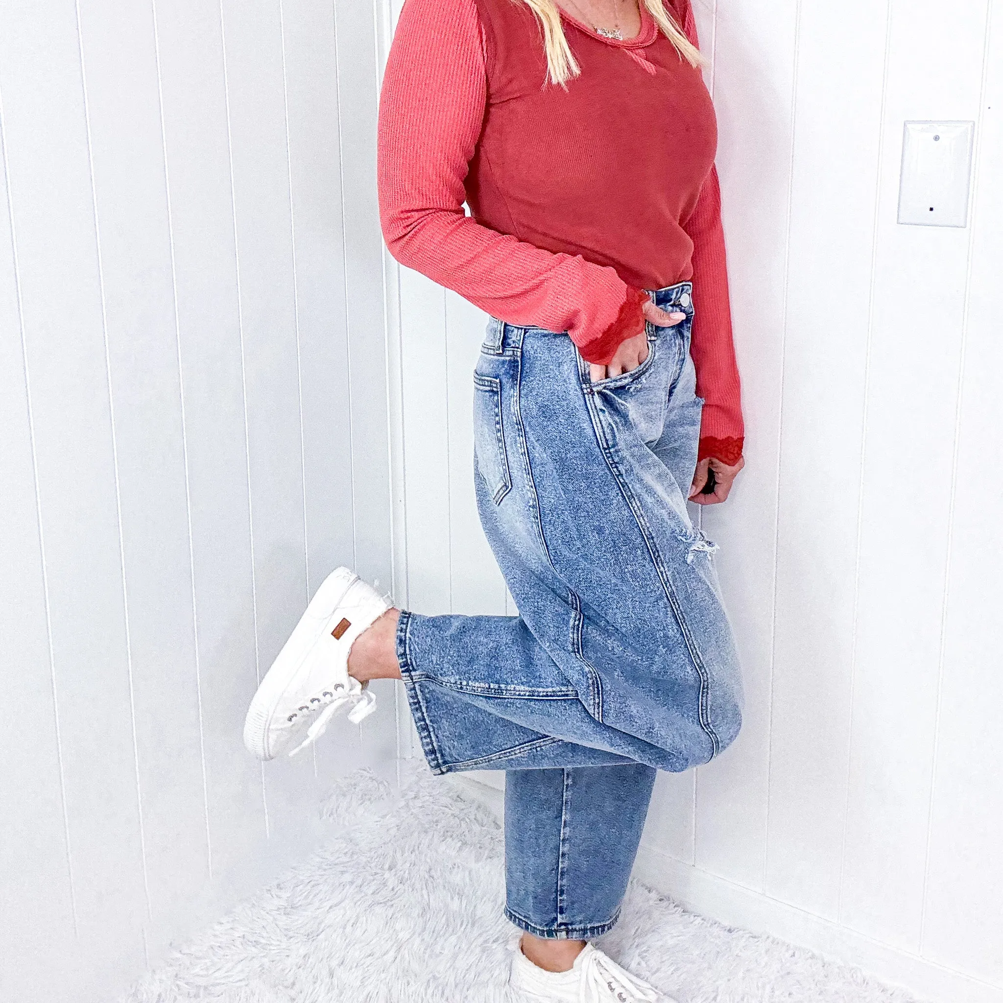 Cello Distressed Mid Rise Barrel Leg Jeans With Side Panels In a Medium Wash