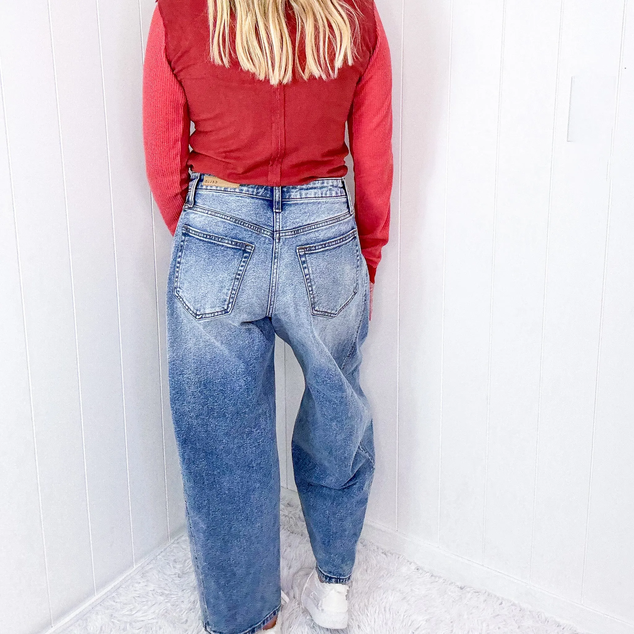 Cello Distressed Mid Rise Barrel Leg Jeans With Side Panels In a Medium Wash