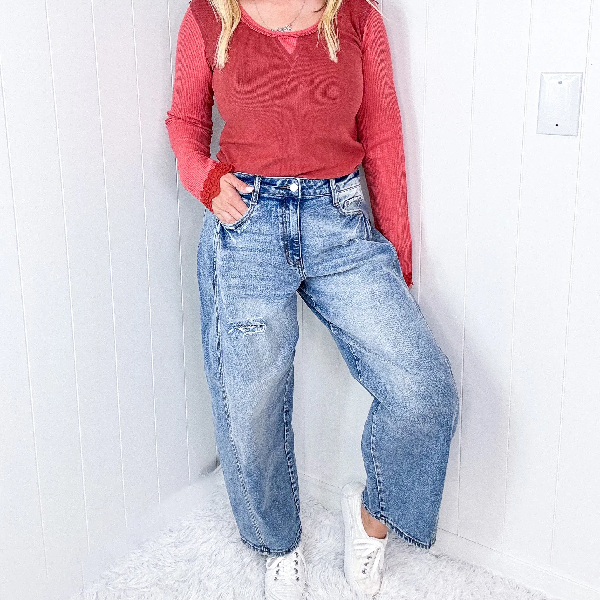 Cello Distressed Mid Rise Barrel Leg Jeans With Side Panels In a Medium Wash