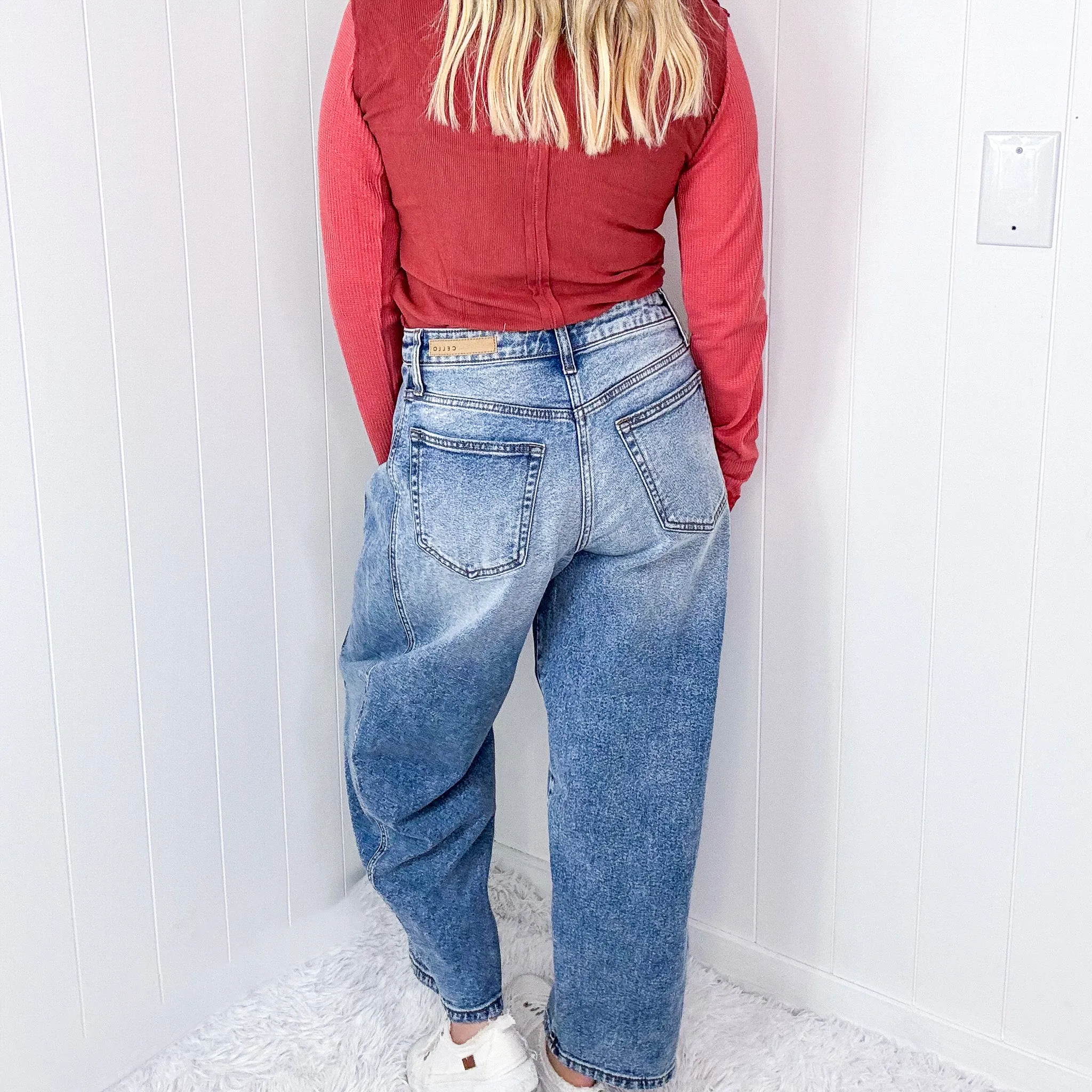 Cello Distressed Mid Rise Barrel Leg Jeans With Side Panels In a Medium Wash