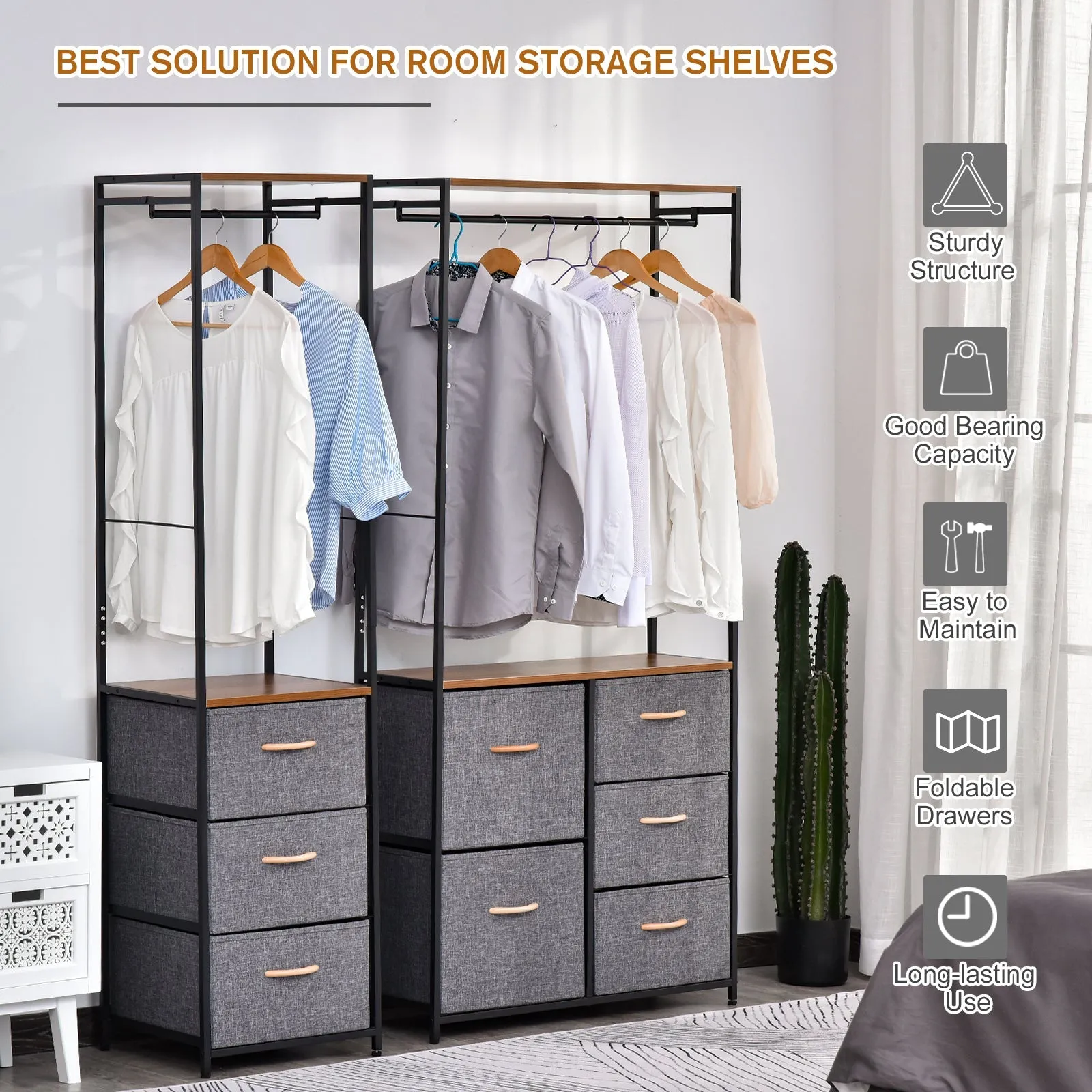 Chest of Drawers with Coat rack Steel Frame 3 Drawers Bedroom Hallway Home Furniture Black Brown