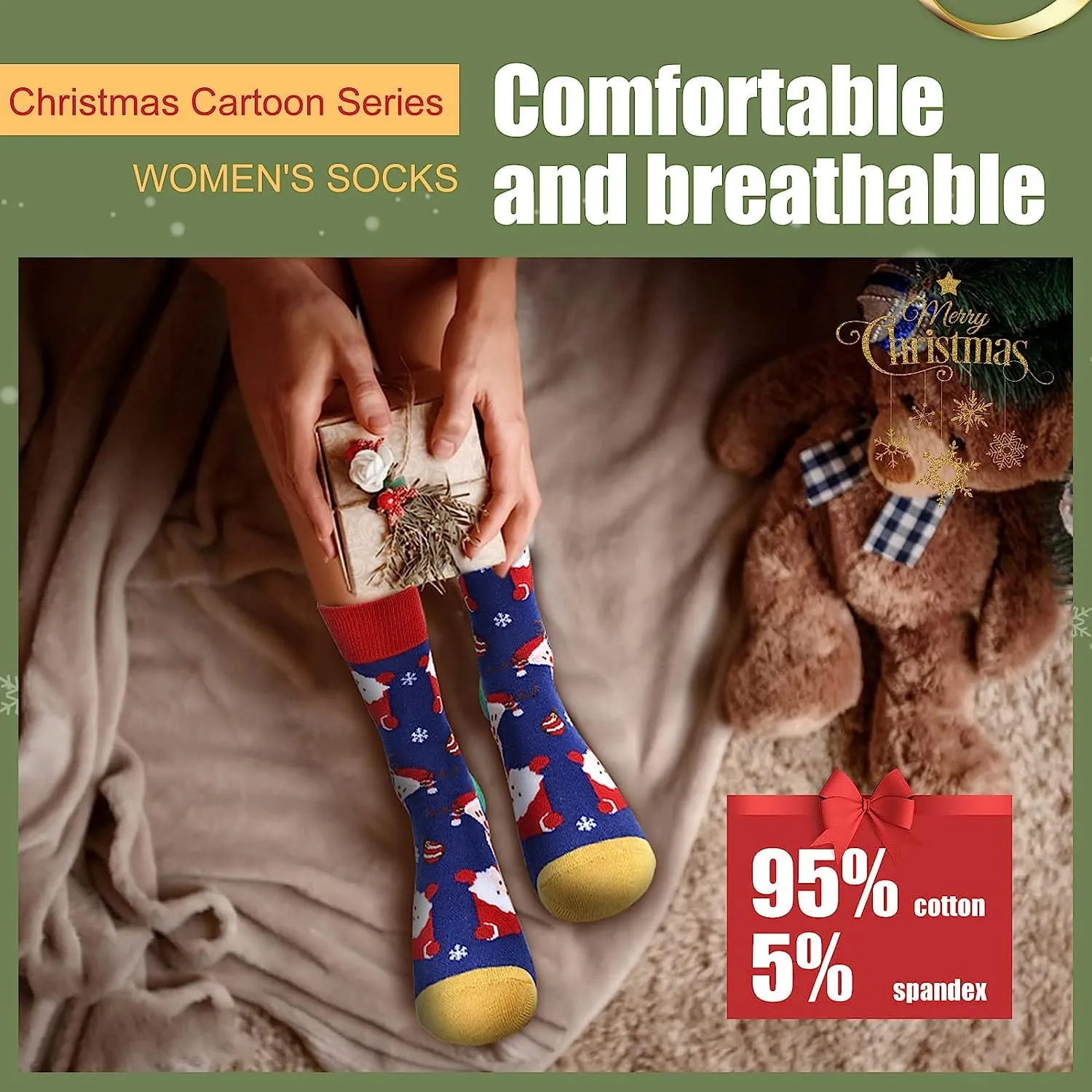 Christmas Socks For Women, 6 Pack Women Christmas Socks, Xmas Crew Socks US Size 6-13