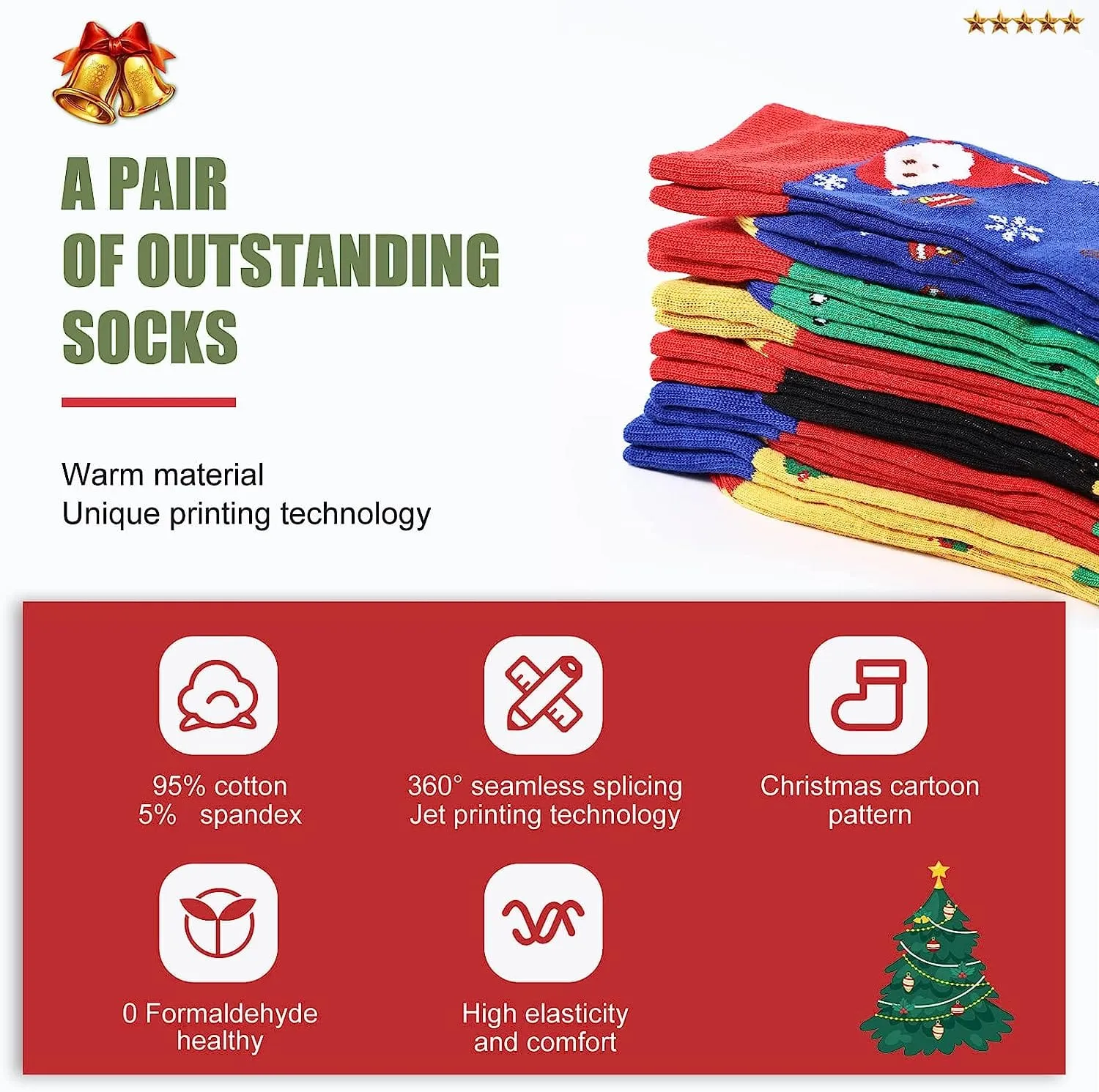 Christmas Socks For Women, 6 Pack Women Christmas Socks, Xmas Crew Socks US Size 6-13