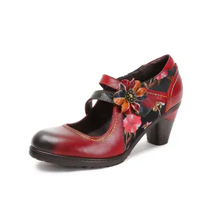 CrazycatZ Women's Leather Mary Jane Shoes Vintage Colorful Shoes Floral Mary Jane Shoes Red
