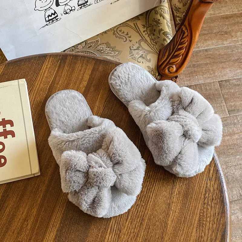 Cute Plush Slippers with Bow on Top
