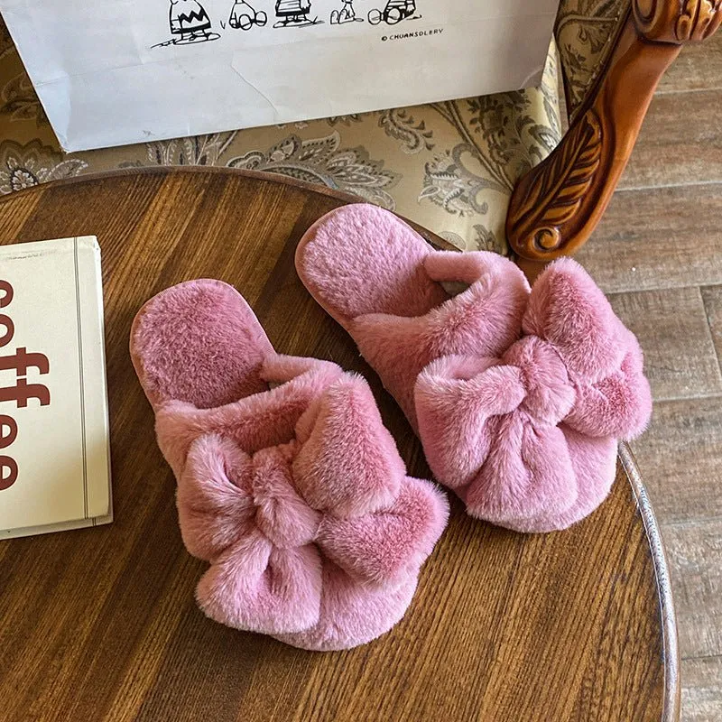 Cute Plush Slippers with Bow on Top