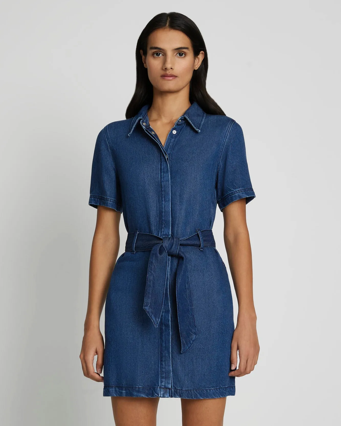 Denim Lustre Belted Shirtdress in Dark Indigo