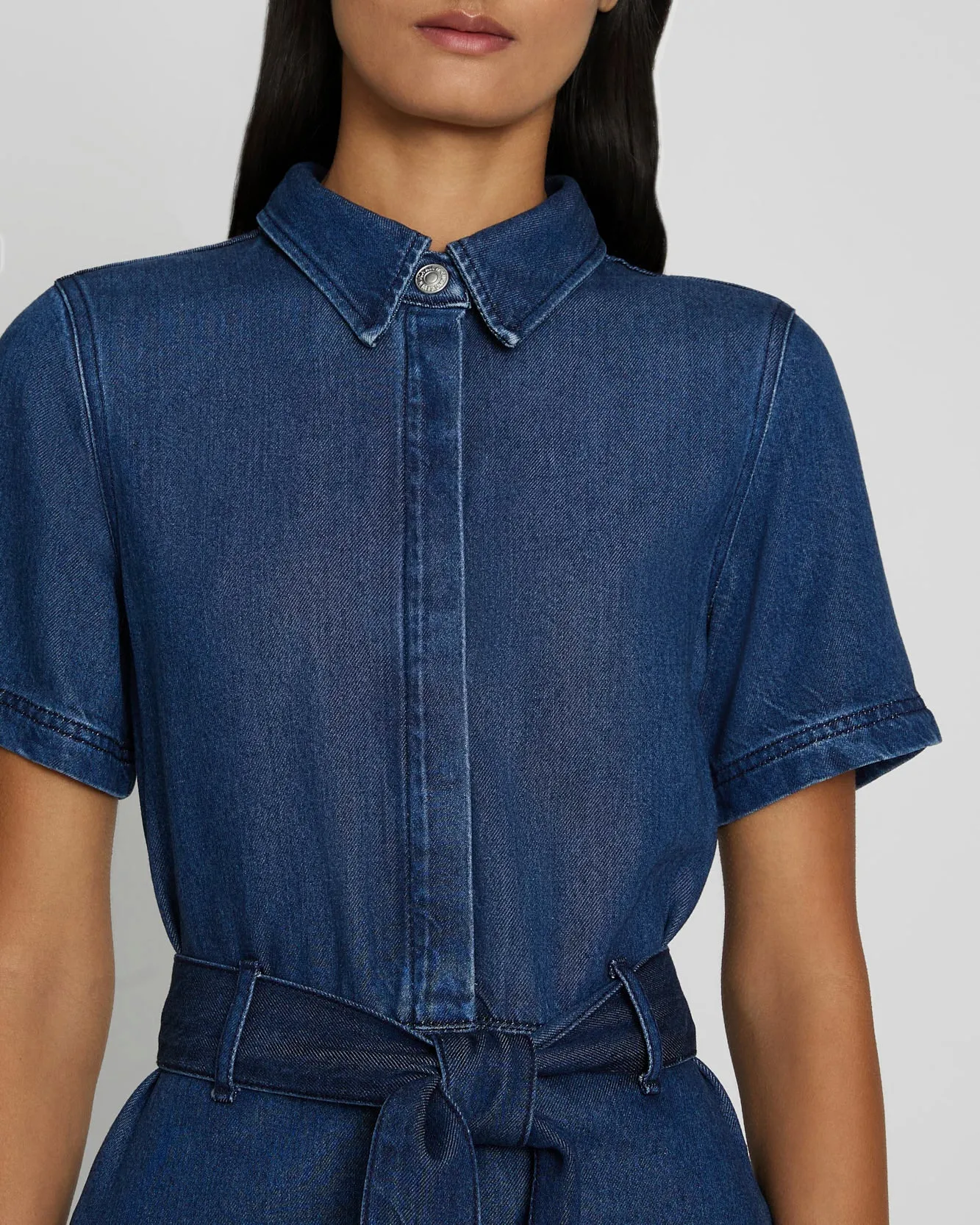 Denim Lustre Belted Shirtdress in Dark Indigo