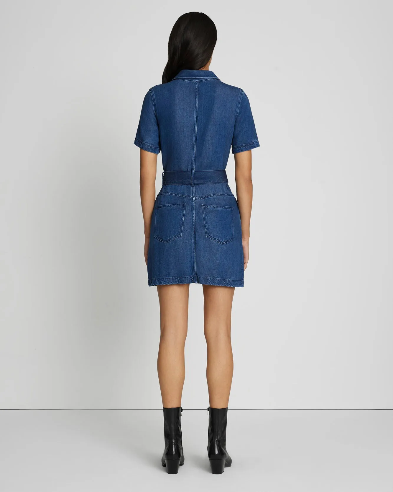 Denim Lustre Belted Shirtdress in Dark Indigo