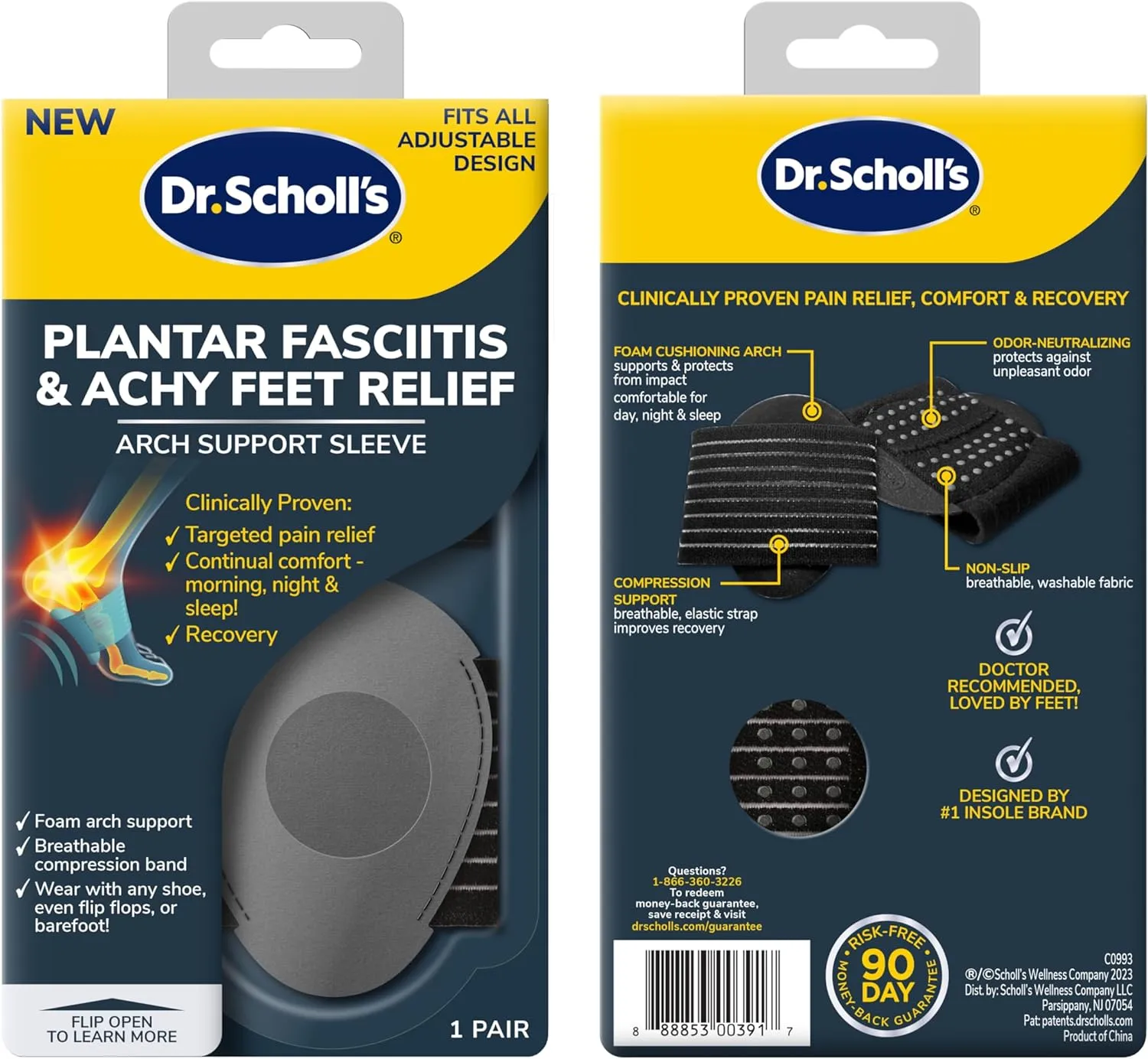 Dr. Scholl's® Plantar Fasciitis & Achy Feet Relief Arch Support Sleeve, Cushioned Arch Support, Compression Band, Foam Pad Insert, Non Slip Sole, All-day Wear Morning to Night, Unisex 1 Pair