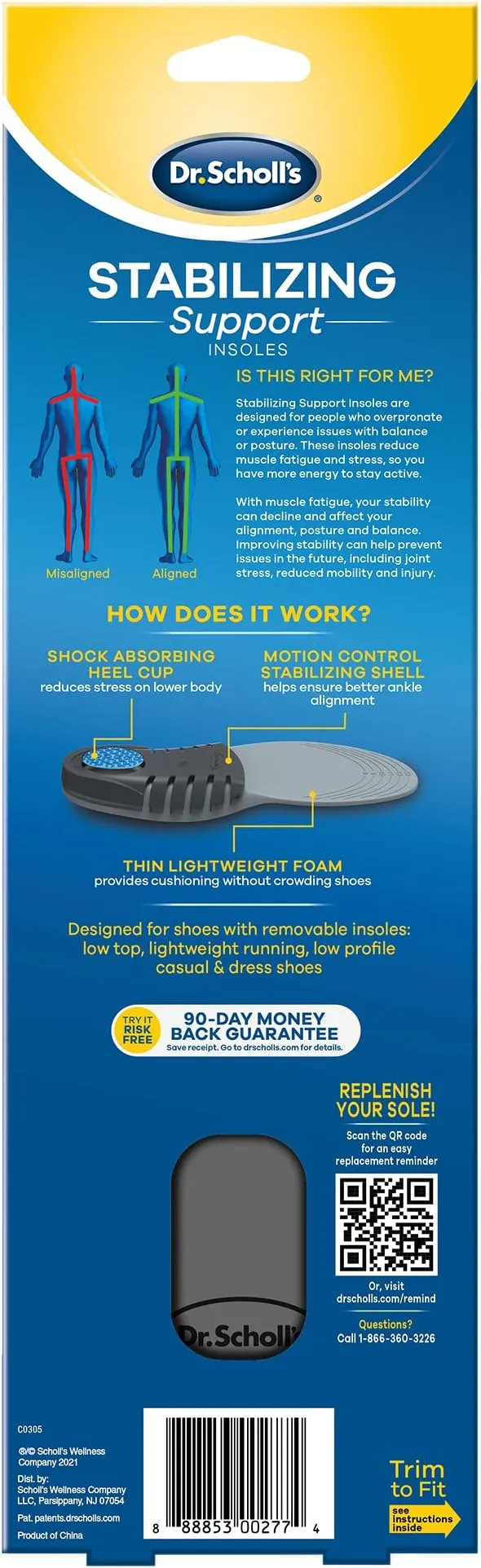 Dr. Scholl's Stabilizing Support Insole Improves Posture, Alignment & Balance. Added Arch Support for Flat Feet & Overpronation