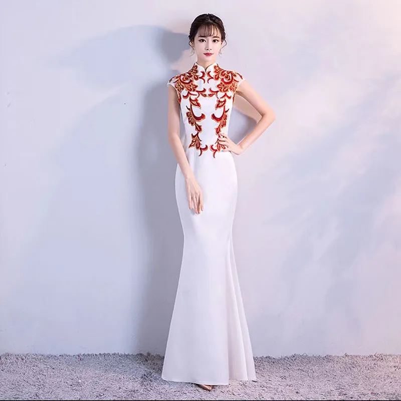 dunnmall White Syage Show Cheongsam Women's Young New Fishtail Long Performance Fashionable Elegant Improve Chinese Style Evening Dress