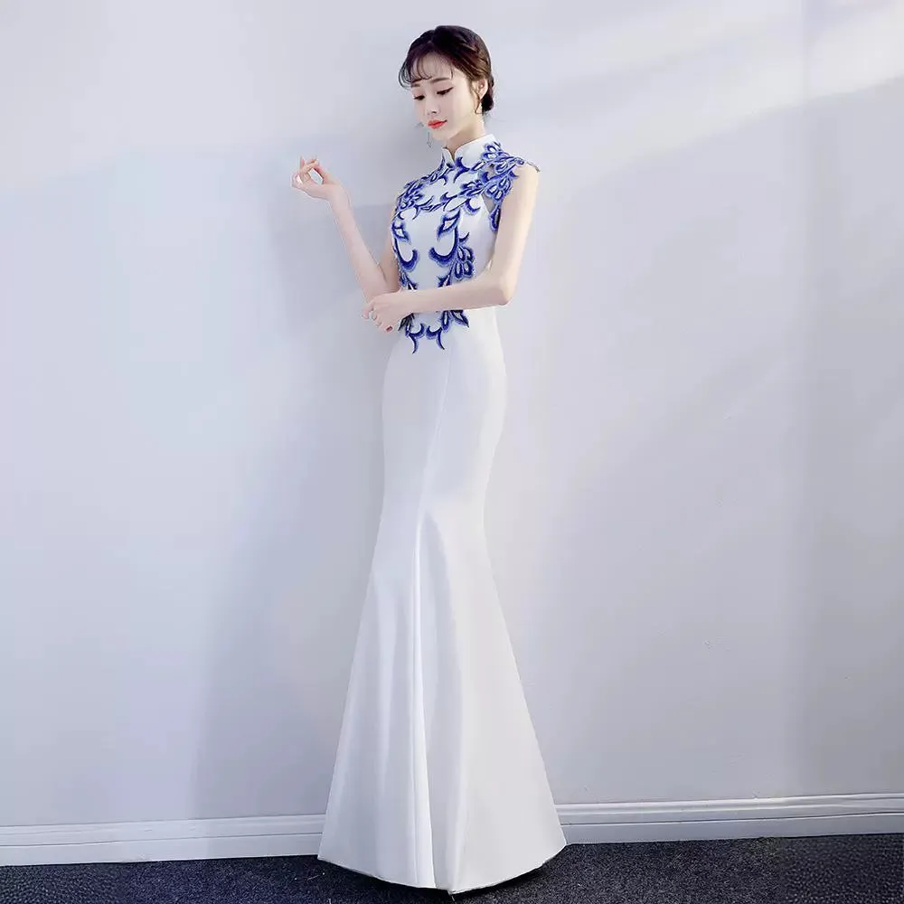 dunnmall White Syage Show Cheongsam Women's Young New Fishtail Long Performance Fashionable Elegant Improve Chinese Style Evening Dress