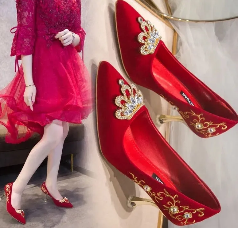 Elegant Embroidery Rhinestone Pearl Buckle Wedding Shoes for Chinese Wedding