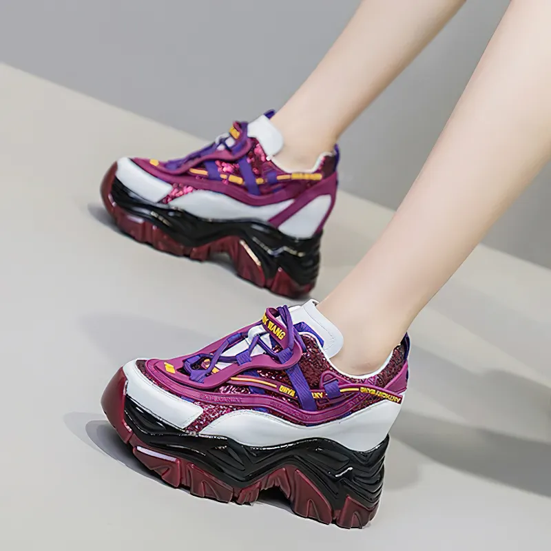 Fashion Genuine Leather Lace Up Women's Sneakers / Casual Platform Chunky Shoes