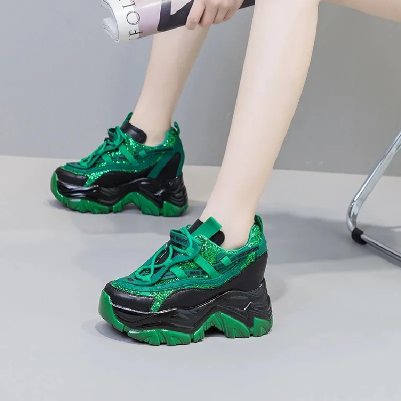 Fashion Genuine Leather Lace Up Women's Sneakers / Casual Platform Chunky Shoes