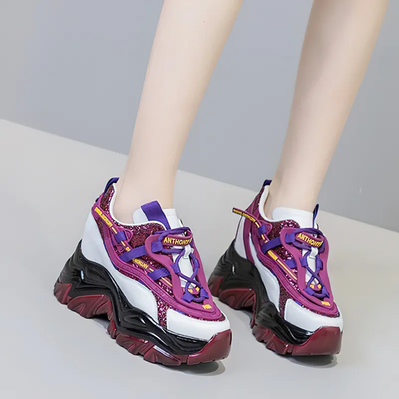 Fashion Genuine Leather Lace Up Women's Sneakers / Casual Platform Chunky Shoes