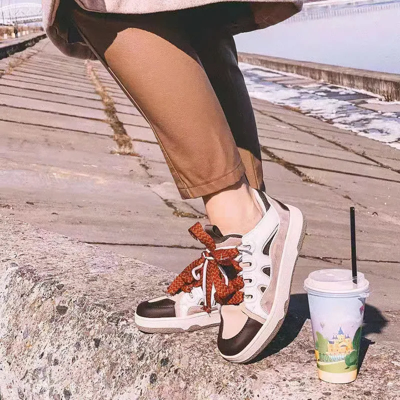 Fashion Women's Chunky Platform Sneaker / Retro Genuine Leather Shoes with Mixed Colors