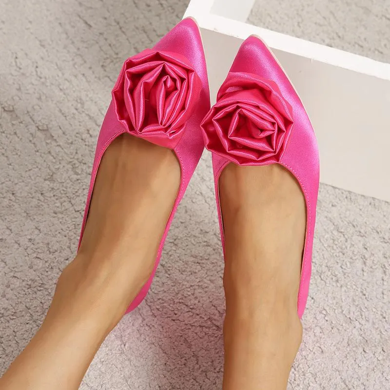 Floral Decorated Pointed Toe Satin Flats