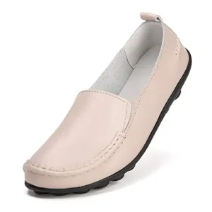 Harence Shoes for Women Casual Slip On Driving Loafers Comfortable Leather Outdoor Walking Flat Shoes Beige