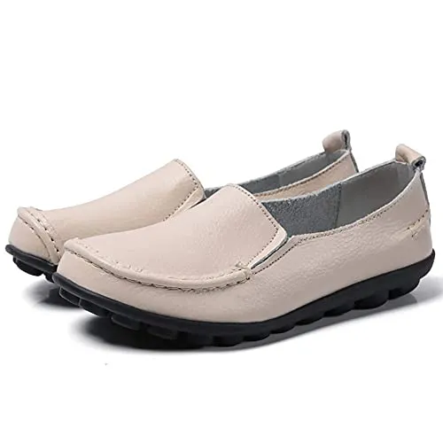 Harence Shoes for Women Casual Slip On Driving Loafers Comfortable Leather Outdoor Walking Flat Shoes Beige