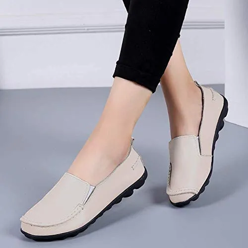Harence Shoes for Women Casual Slip On Driving Loafers Comfortable Leather Outdoor Walking Flat Shoes Beige