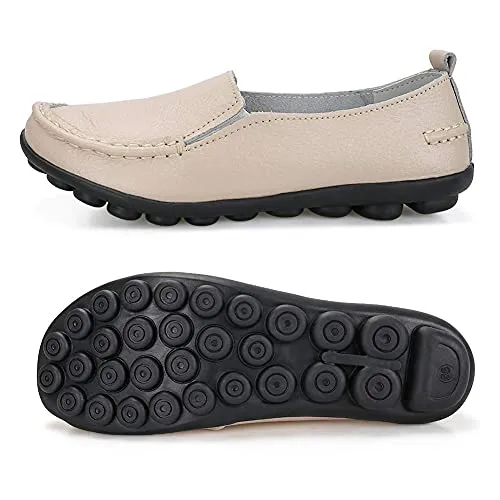 Harence Shoes for Women Casual Slip On Driving Loafers Comfortable Leather Outdoor Walking Flat Shoes Beige